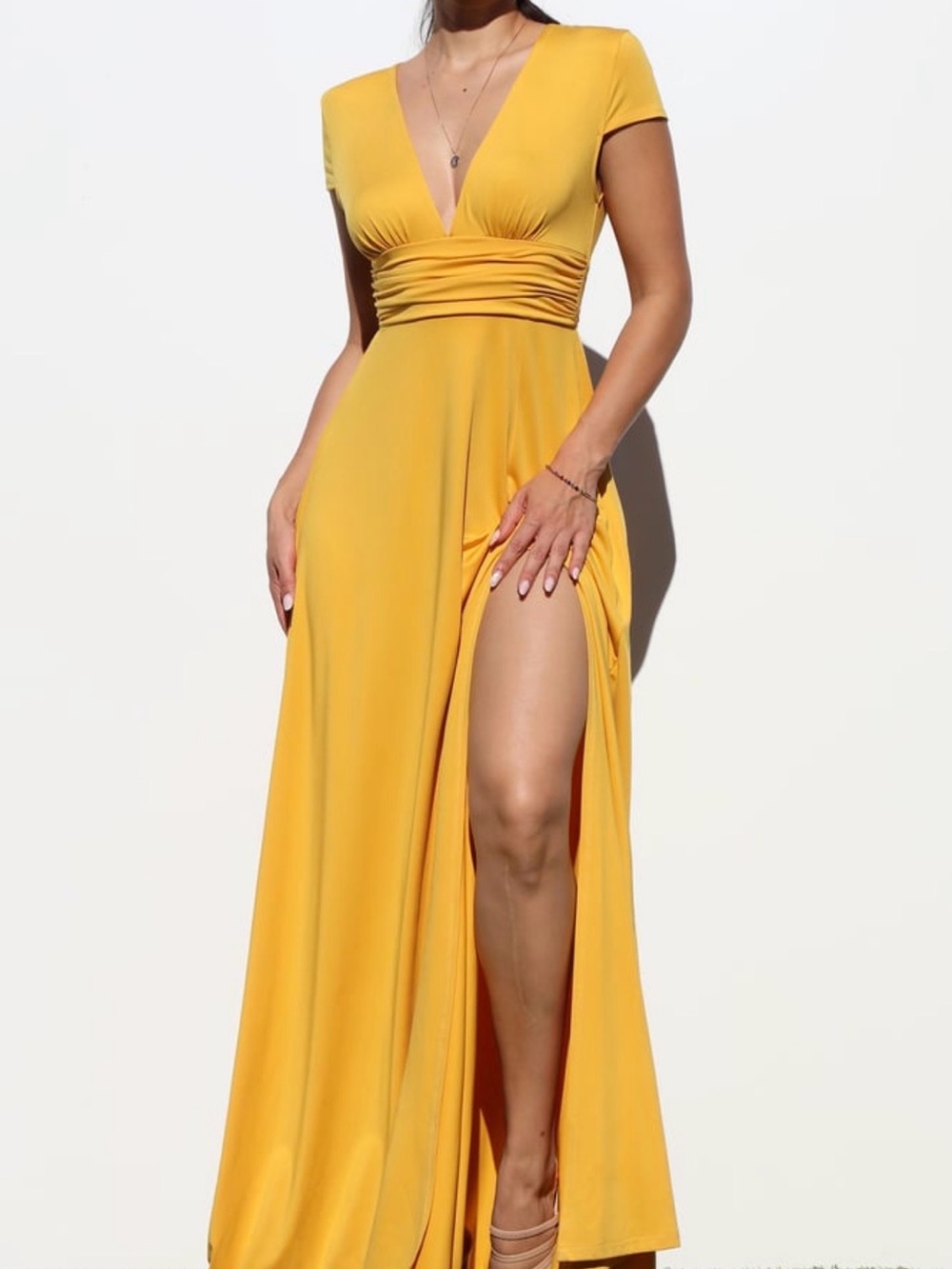 Elegant V-Neck Mustard Yellow Maxi Dress with Thigh Slit